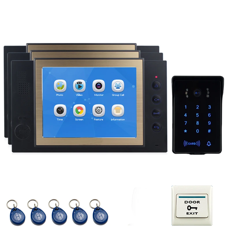 

JEX 8`` Video Door Phone Intercom system Kit 3 Voice/Video Record Black Monitor +700TVL Waterproof Password Keypad RFID Camera