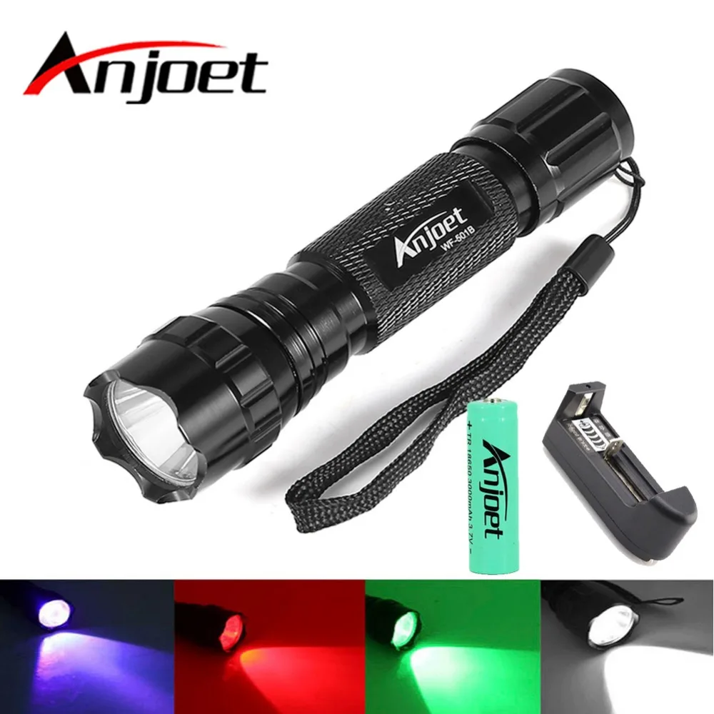 

Тактический охотничий фонарик Anjoet XM-L T6 светодиодный, 1 режим, многоцветный, белый/зеленый/фиолетовый/красный цвет, Фотосессия + аккумулятор 18650 + зарядное устройство