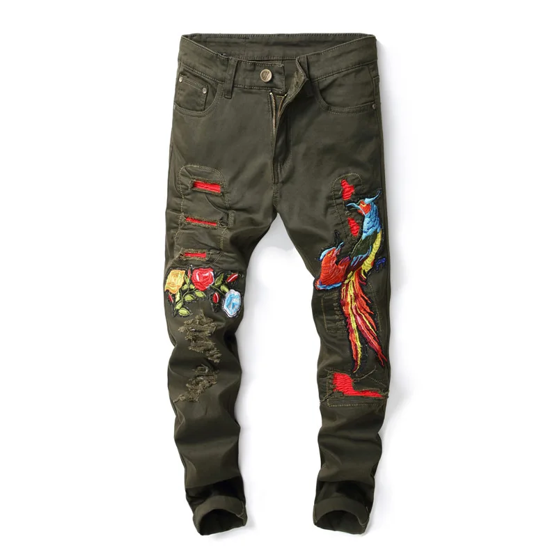 

2018 New Fashion Brand Mens Ripped Biker Jeans Phoenix Embroidery Slim Fit Distressed Denim Army Green Trousers Pants 573#