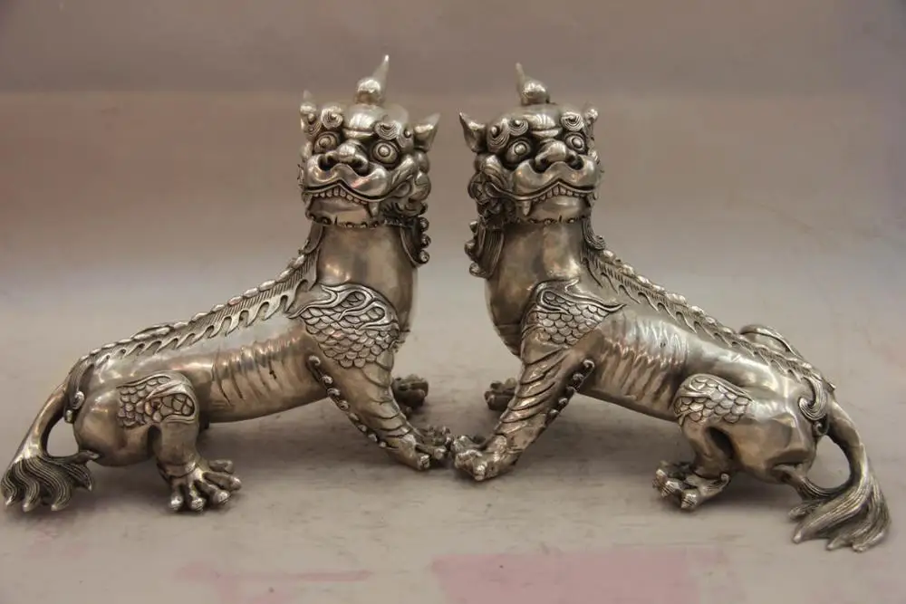 China White Copper Silver Palace Kirin Unicorn kylin Foo Dog Lion Pair Statue