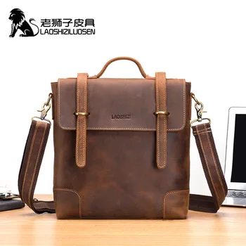 

LAOSHIZI Crazy Horse leather Vintage Handbags Business Genuine Leather Men's Hasp Handbags Shoulder Bag Male Fashion Office Bags