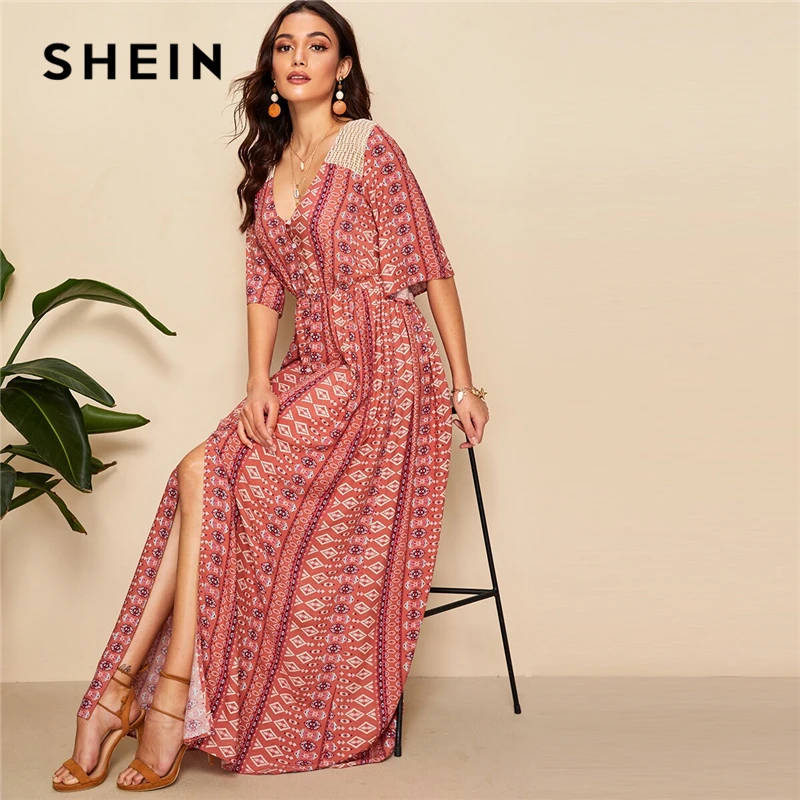 SHEIN Tribal Print Crochet Shoulder Tie Back V Neck Maxi Split Dress Women Half Sleeve Empire Fit and Flare Summer Boho Dresses
SHEIN Tribal Print Crochet Shoulder Tie Back V Neck Maxi Split Dress Women Half Sleeve Empire Fit and Flare Summer Boho Dresses