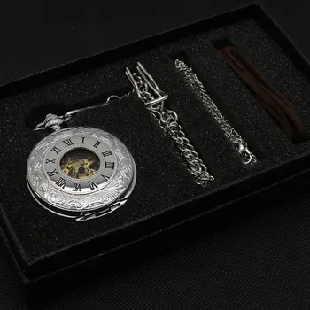 Skeleton Pocket Watch Mechanical Movement Hand Wind Roman Numerals Full Hunter Silver Tone Classic with Gift Box Chain Pendant 
Skeleton Pocket Watch Mechanical Movement Hand Wind Roman Numerals Full Hunter Silver Tone Classic with Gift Box Chain Pendant