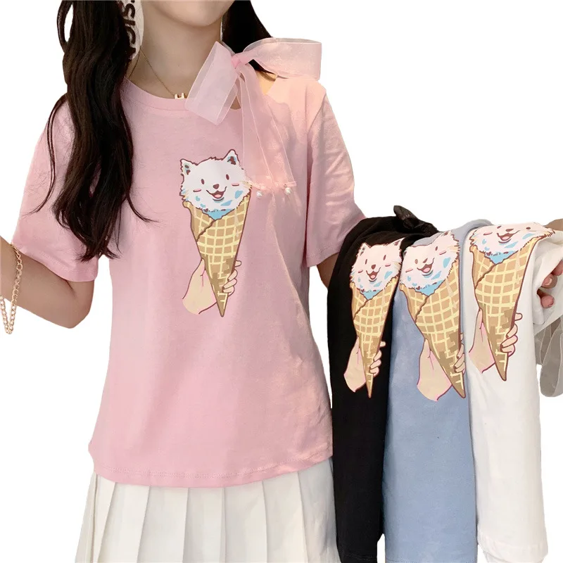 Summer Novelty Women T Shirt Harajuku Kawaii Cute Ice Cream Puppy Print T-shirt Neck Ribbon Lace Up Bow Tops Tee Plus M L XL 2XL
Summer Novelty Women T Shirt Harajuku Kawaii Cute Ice Cream Puppy Print T-shirt Neck Ribbon Lace Up Bow Tops Tee Plus M L XL 2XL