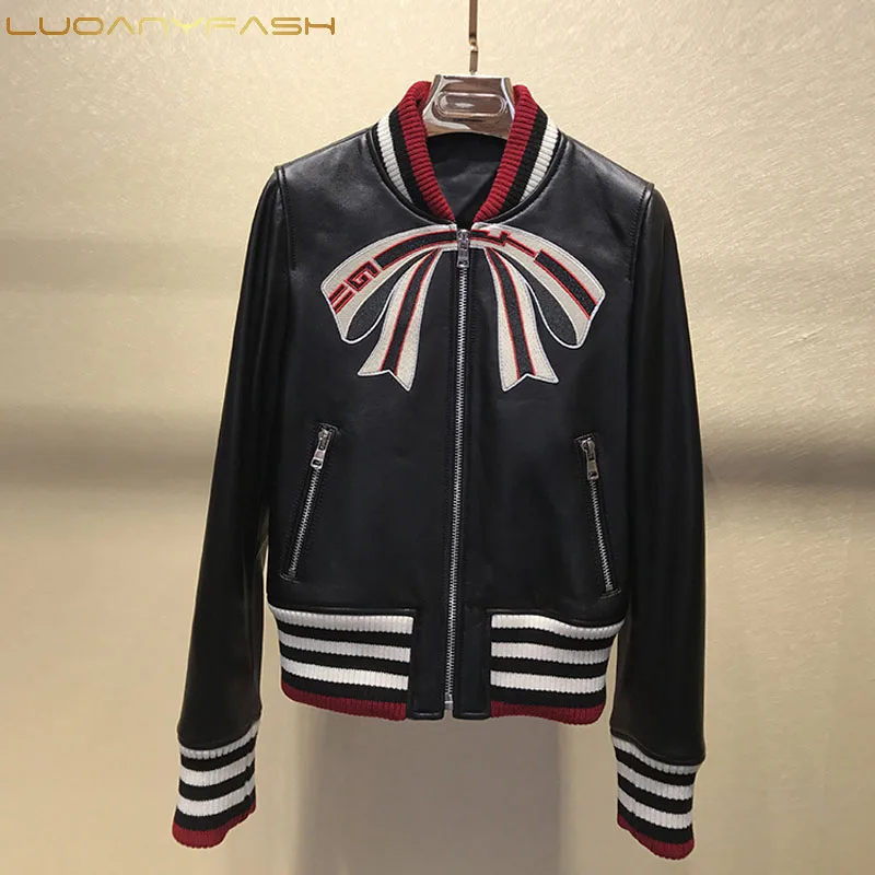 Luoanyfash Leather Jacket Female Sheepskin Baseball Uniform Slim Short Bow Thread Leather Coat 2019 New Spring Autumn Clothing
Luoanyfash Leather Jacket Female Sheepskin Baseball Uniform Slim Short Bow Thread Leather Coat 2019 New Spring Autumn Clothing