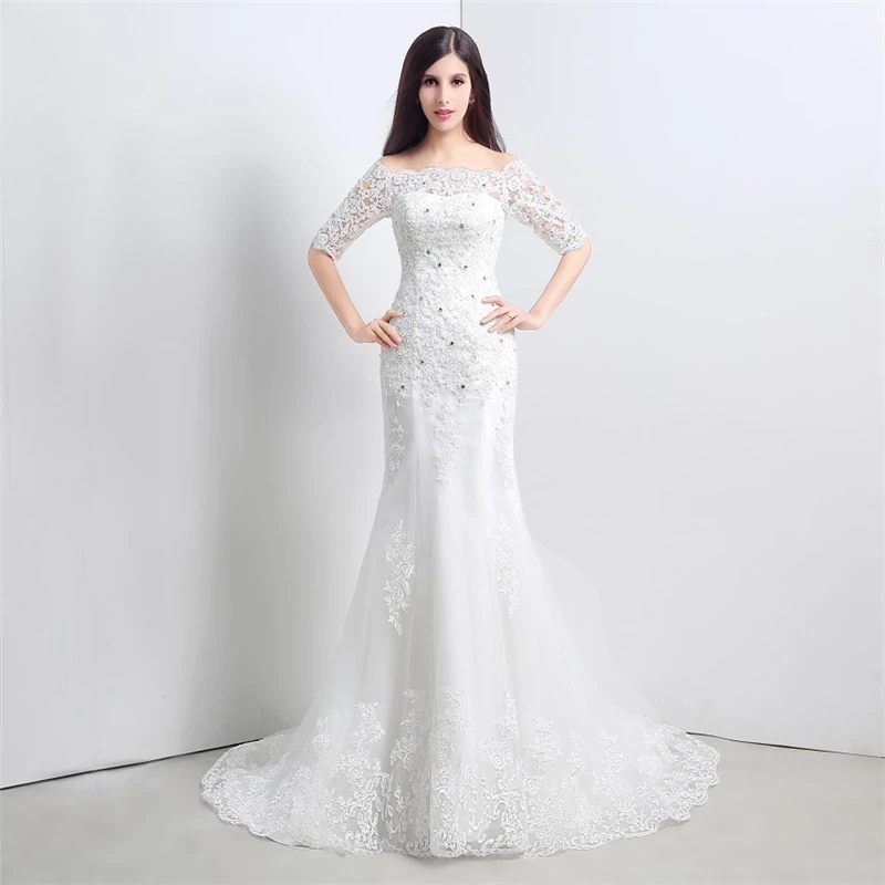 ILoveWedding-Vintage-Sir-ne-Dentelle-Robes-De-Mari-e-Manches-Demi-Ivoire-Off-paule-Tribunal-Train (5)