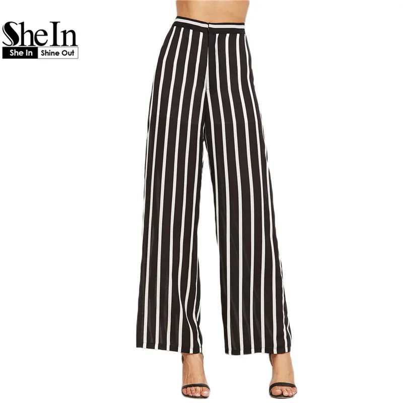 Image SheIn Loose Trousers Women Trousers Elegant Brand Womens Trousers Black Vertical Striped High Waist Wide Leg Pants