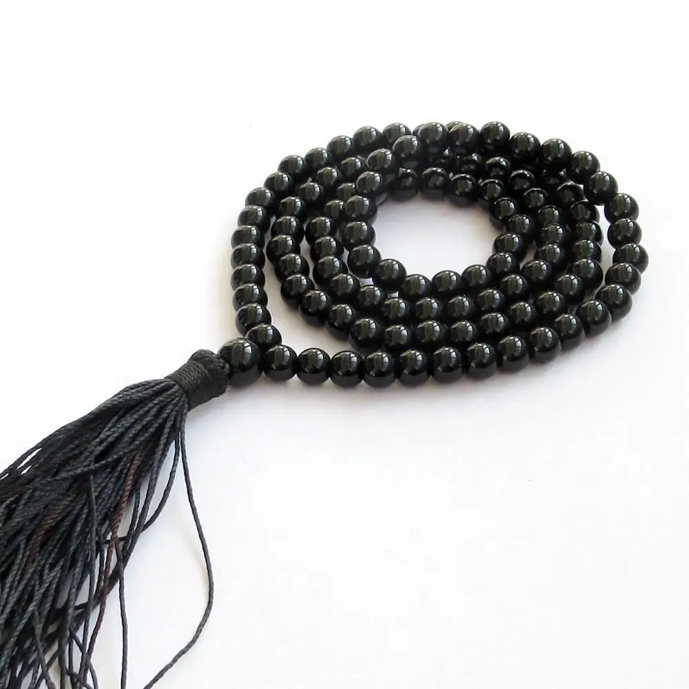 

AAA 6mm 108 Black Agate Gem Beads Tibet Buddhist Prayer Mala Necklace A+009