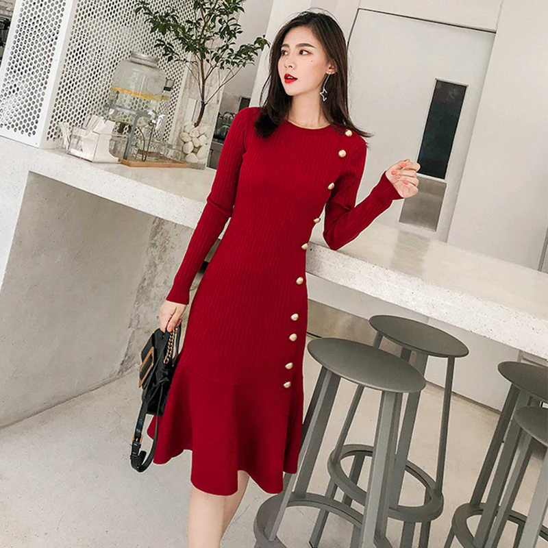 Elegant Fish Tail Sweater Dress 2018 Winter Buttons Ruffles Midi Knit Long Sleeve Dress Female Trumpet Mermaid Dress Knitted
Elegant Fish Tail Sweater Dress 2018 Winter Buttons Ruffles Midi Knit Long Sleeve Dress Female Trumpet Mermaid Dress Knitted