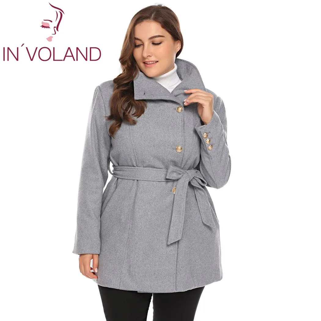 INVOLAND Womens Plus Size Trench Coat Double Breasted Long Trench Coats with Belt