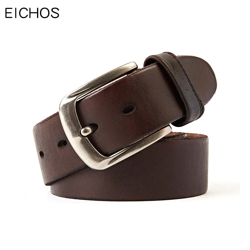 Фото EICHOS Men Belt Leather Luxury Brand Genuine Strap Vintage Wide Layer Cowhide Alloy Pin Buckle Belts For Jeans | Аксессуары для