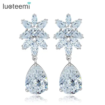 

LUOTEEMI Luxury Cubic Zircon Waterdrop Pendant Drop Earrings With Shining Flower AAA Stone Brincos Bridal Wedding Party Jewelry