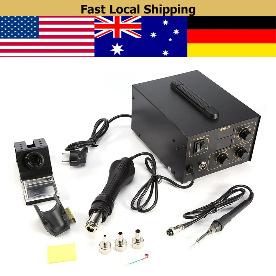 220V 998D soldering station Electric iron Station Welder & Hot Air Gun & Nozzles
220V 998D soldering station Electric iron Station Welder & Hot Air Gun & Nozzles