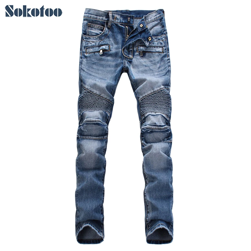 Sokotoo Men's slim fit classic blue biker jeans for moto Casual plus size denim cargo pants Fashion ripped jeans for man
Sokotoo Men's slim fit classic blue biker jeans for moto Casual plus size denim cargo pants Fashion ripped jeans for man