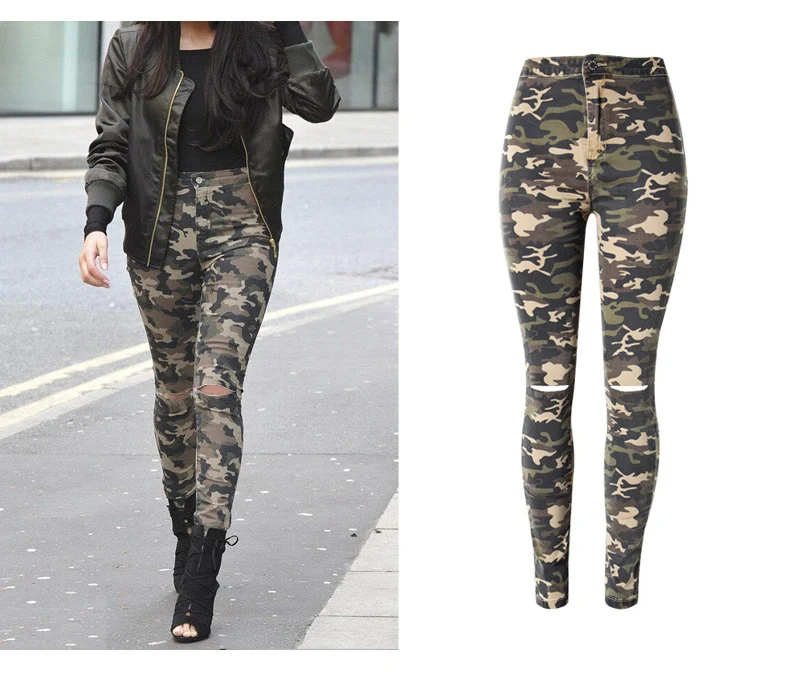 2017 New Brand Women Fitness Cloth Camouflage High Waist Elastic Stretch Holes Jeans Pencil Pants Street Style Denim Trousers (5)