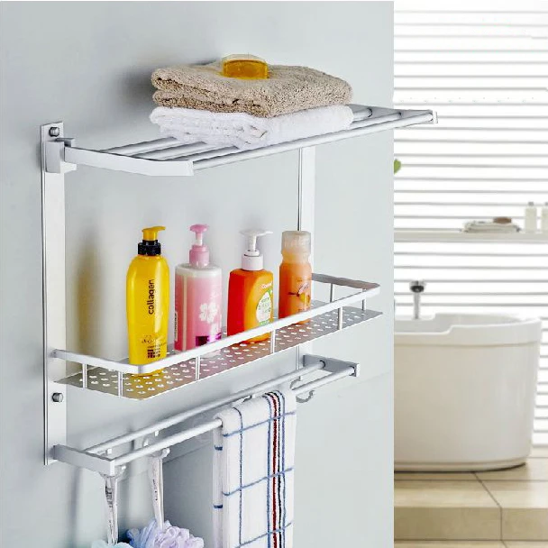 Image Two Layer Bathroom Rack Space Aluminum Towel Washing Shower Basket Bar Shelf  bathroom accessories shampoo holder 7842