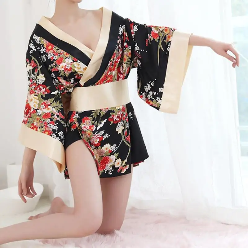 2021 Traditional Brand Women Japanese Kimono Sleepwear Sexy Deep V Neck Kimono Satin Floral