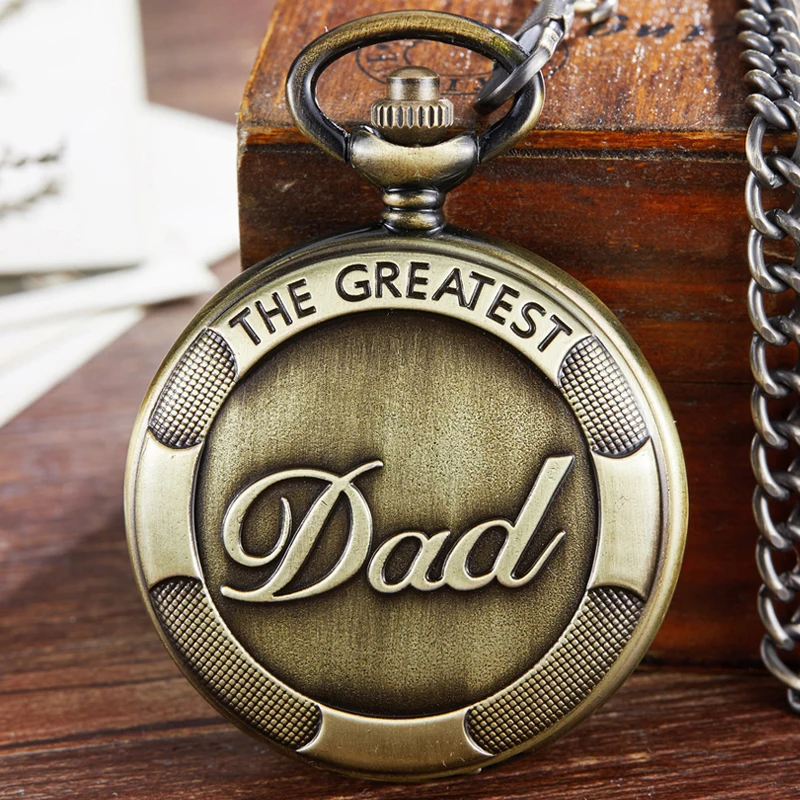 Fathers Day Bronze Quartz Pocket Watch THE GREATEST DAD Necklace Fob Chain Clock For Male Mens Father's Birthday Gifts Box | Наручные