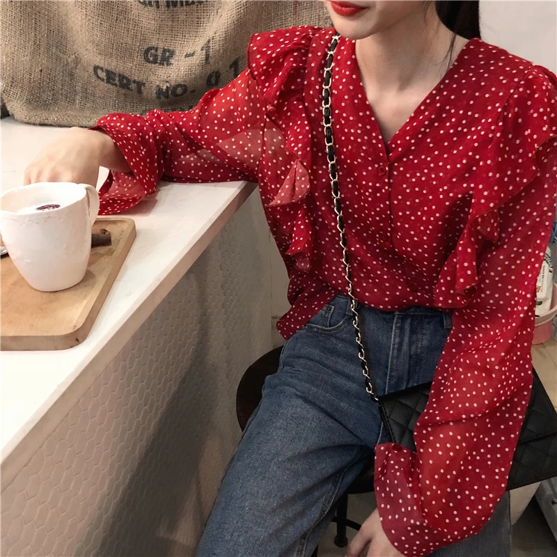Ruffle V Neck Chiffon Blouse Red Polka Dots Spring Summer Romantic Shirt Women Top Chemise Femme Chemisier Blusa Mujer Camisa
Ruffle V Neck Chiffon Blouse Red Polka Dots Spring Summer Romantic Shirt Women Top Chemise Femme Chemisier Blusa Mujer Camisa