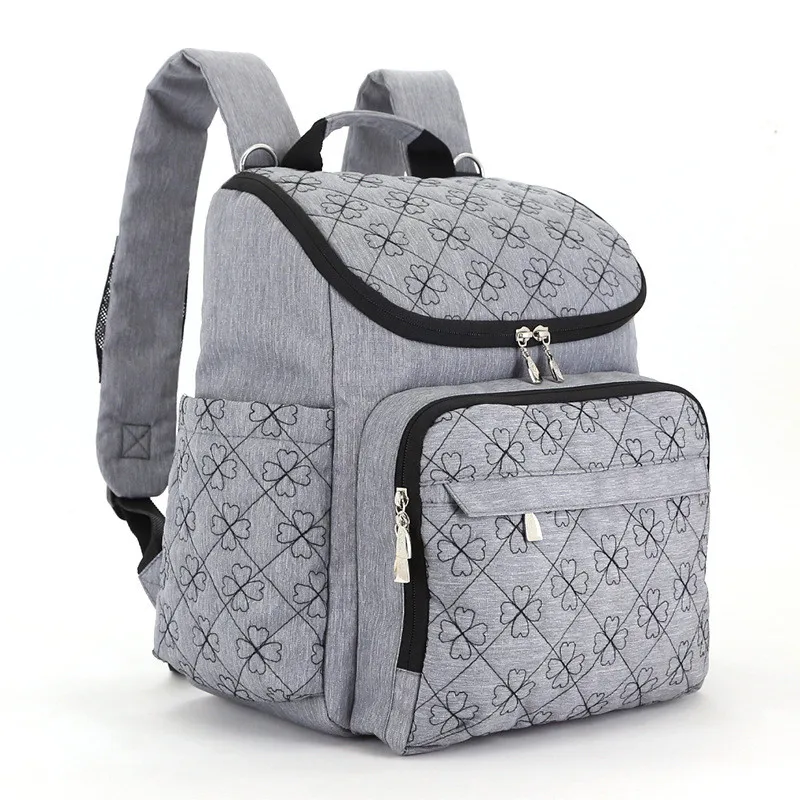 White&Blue Triangle Grid Flower Printed Square Vertical Section Mummy Diaper Bags Zipper Pocket Canvas Casual Backpack 04
