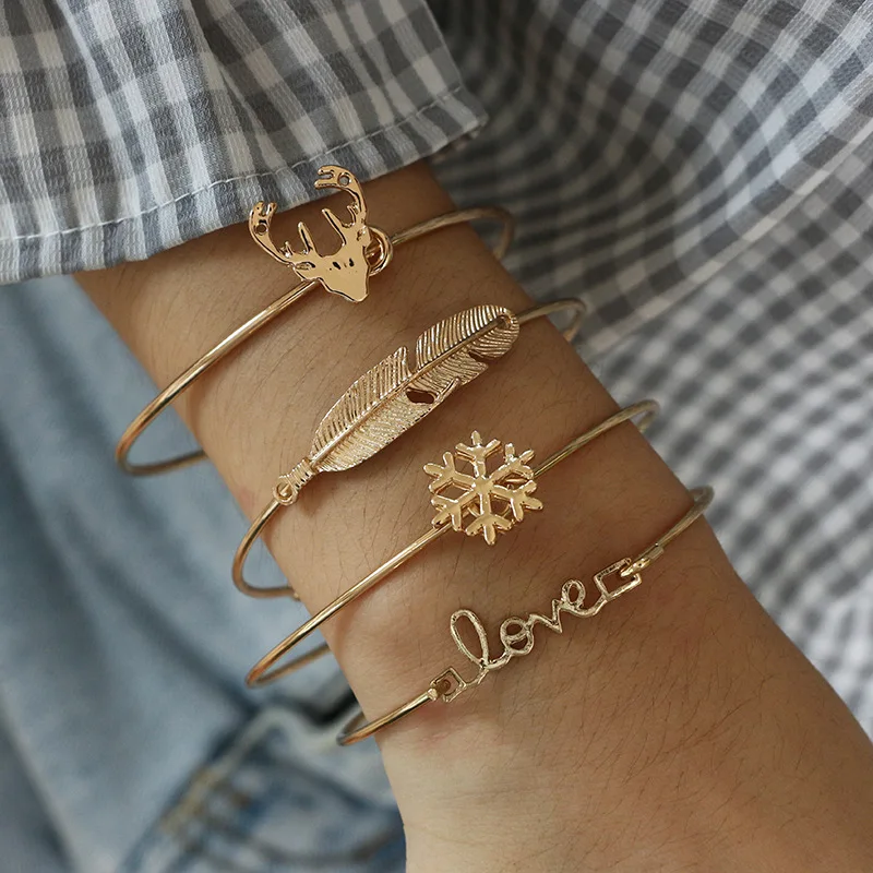 RINHOO 4 Pcs/set Women Fashion Bohemian Retro Punk Leaves Love Letter Elk Snowflake Open Cuff Bracelet Party Wedding Accessories
RINHOO 4 Pcs/set Women Fashion Bohemian Retro Punk Leaves Love Letter Elk Snowflake Open Cuff Bracelet Party Wedding Accessories