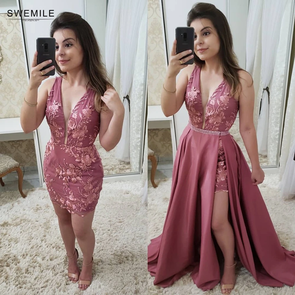 Sexy V-Neck Lace Appliques Short Prom Dresses Charming Beading Belt Detachable Train Formal Party Dress Vestidos De Gala
Sexy V-Neck Lace Appliques Short Prom Dresses Charming Beading Belt Detachable Train Formal Party Dress Vestidos De Gala