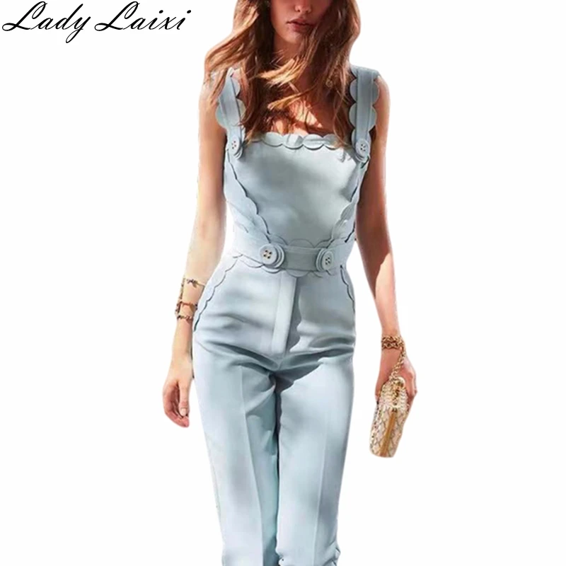 2019 Summer womens one piece clothes blue romper woman scalloped button straps open back sleeveless long pants jumpsuit
2019 Summer womens one piece clothes blue romper woman scalloped button straps open back sleeveless long pants jumpsuit