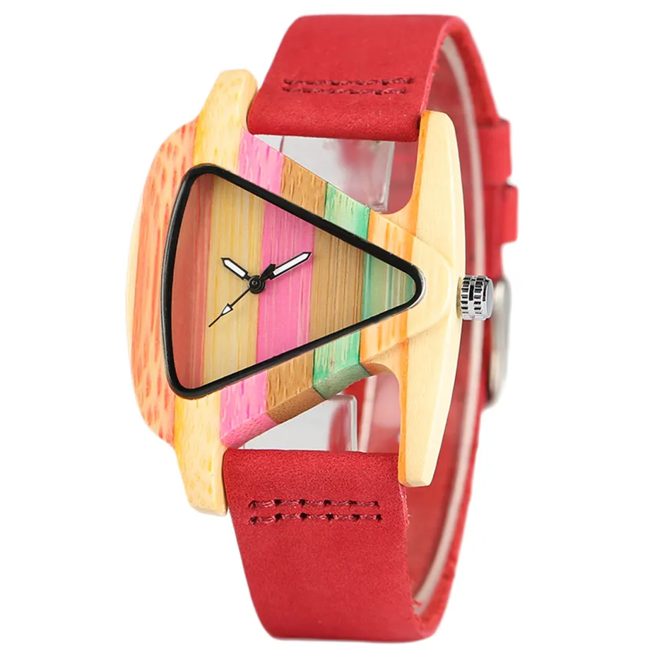 Luxury Women Creative Triangle Wooden Watches Colourful Analog Quartz Woman\'s Ladies Cute Bamboo Leather Wristwatch Clock Gifts Rainbow Fashion Dress Watch (3)