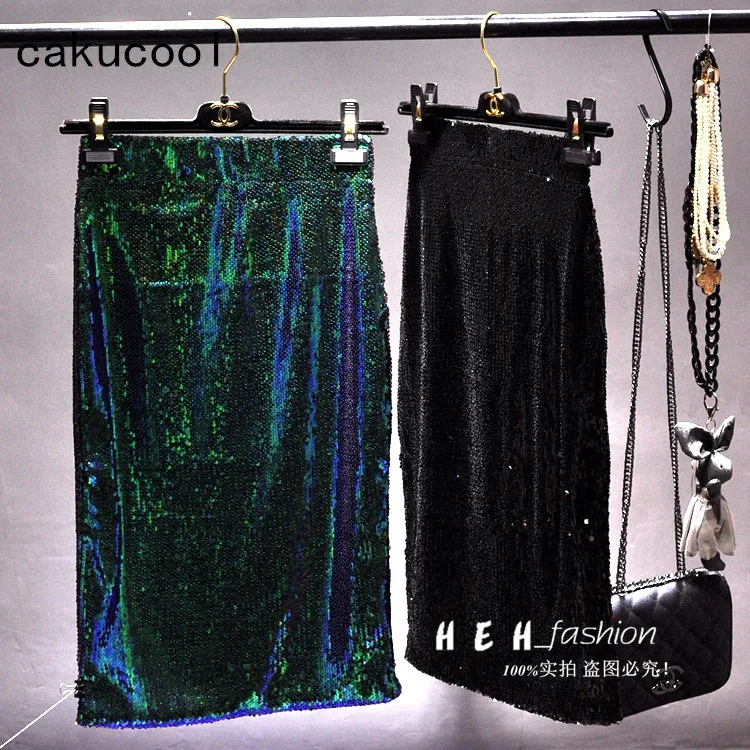 

Cakucool New Women Sequined Skirts Bling Bead Slim Embellished Elastic Waist Party Sexy Skirt Black Blue Gold Apricot Large size