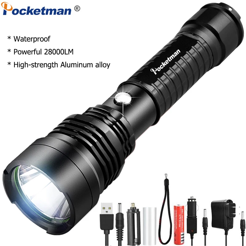 LED Tactical Flashlight 28000LM Powerful Torch Waterproof Flashlight with 3 Modes for Outdoor by Rechargeable 18650 Battery
LED Tactical Flashlight 28000LM Powerful Torch Waterproof Flashlight with 3 Modes for Outdoor by Rechargeable 18650 Battery