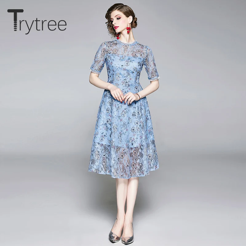 Trytree Summer Women Dress Elegant O-Neck Lace Floral Blue Casual Dresses Short Sleeves A-line Knee-Length High Street Dress
Trytree Summer Women Dress Elegant O-Neck Lace Floral Blue Casual Dresses Short Sleeves A-line Knee-Length High Street Dress