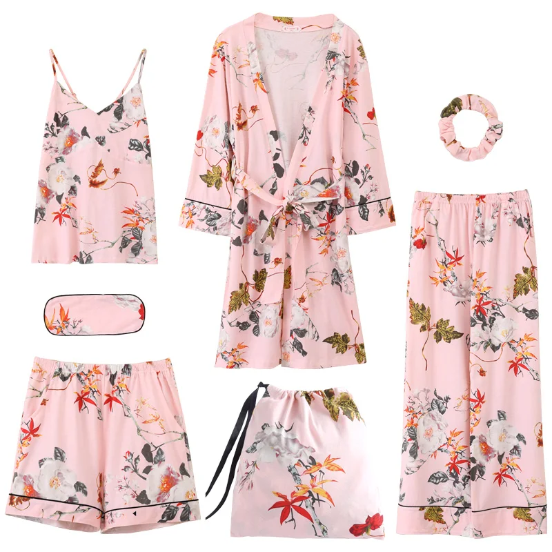 Summer Autumn Winter 7 Pieces Set Cotton Elegant Women Pajamas Full Shorts Long Sleeve Top Elastic Waist Pants Silk Lounge Robe
Summer Autumn Winter 7 Pieces Set Cotton Elegant Women Pajamas Full Shorts Long Sleeve Top Elastic Waist Pants Silk Lounge Robe