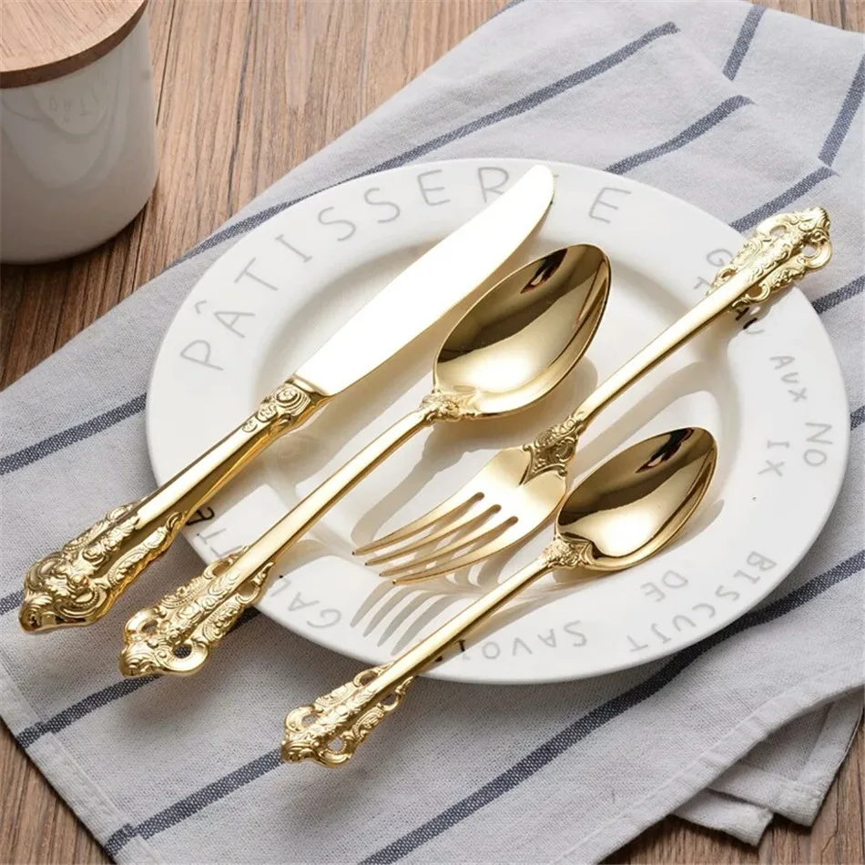 Retro Vintage Western Gold Plated Relief Cutlery Dining Knives Forks Teaspoon Set Golden Luxury Dinnerware Tableware Set 4 pcs (4)