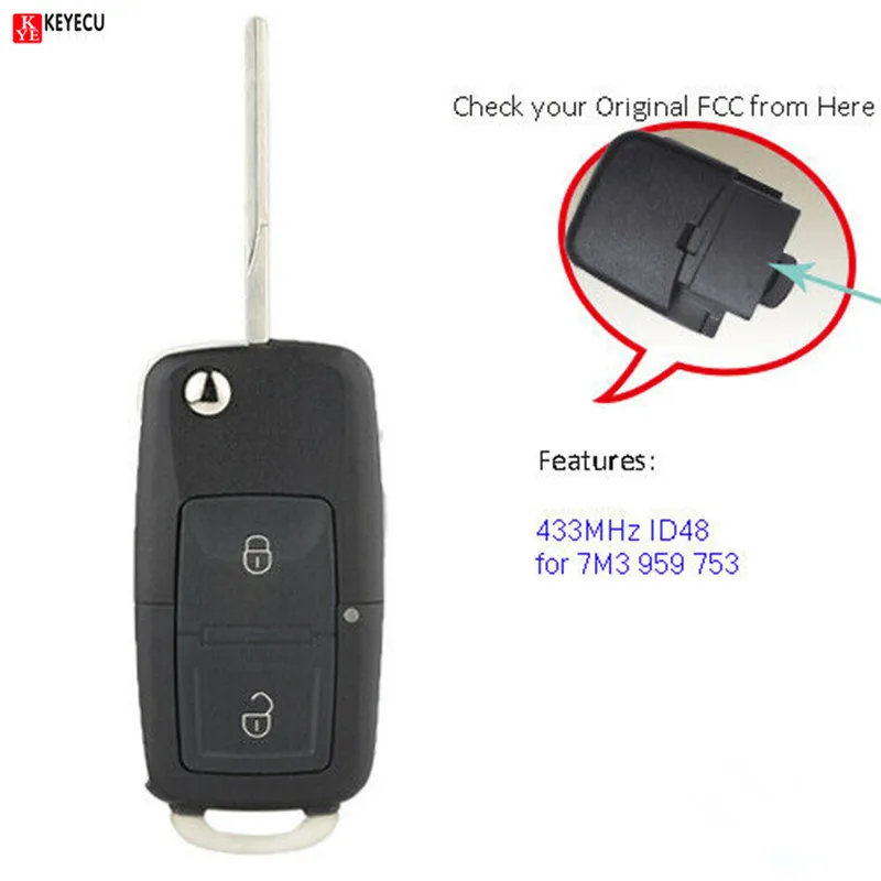KEYECU 2 Button Remote Key with Blank Blade +ID48 CHIP 7M3 959 753 For VW VOLKSWAGEN Sharan Model (2004+) 433MHz
KEYECU 2 Button Remote Key with Blank Blade +ID48 CHIP 7M3 959 753 For VW VOLKSWAGEN Sharan Model (2004+) 433MHz