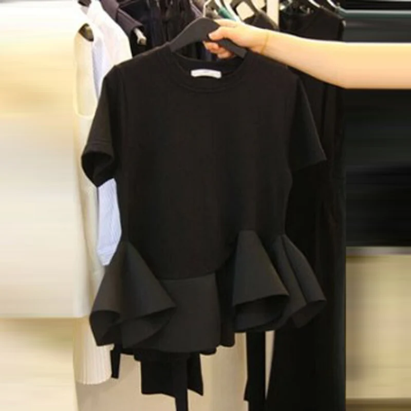 Фото Корейский стиль нерегулярные Твердые гофрированные футболки для женщин 2018 Лето