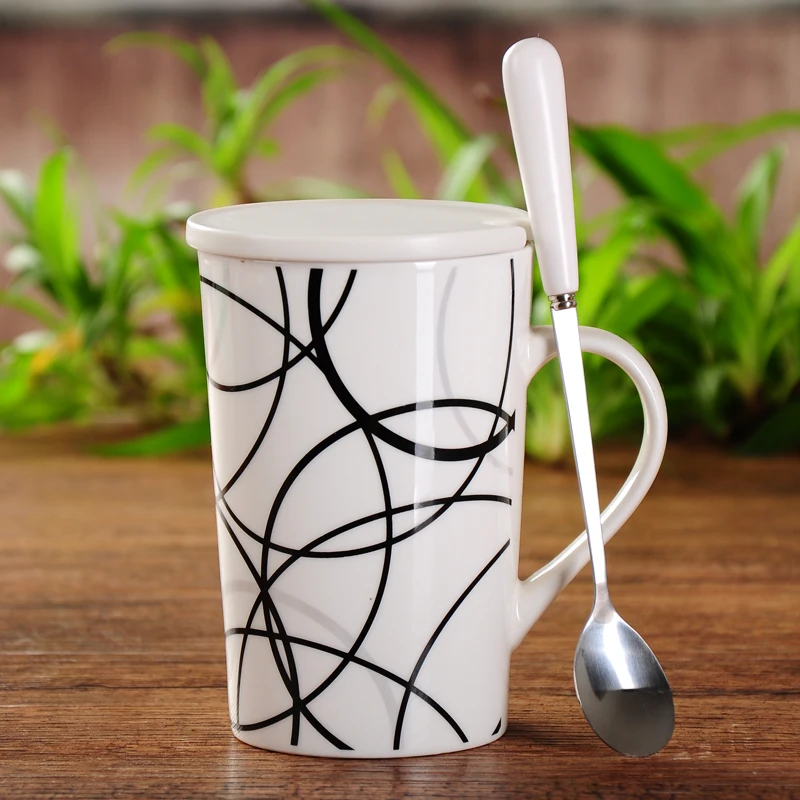 Image #a Simple drinking cup ceramic cup creative couple bulk milk cup coffee mug with cover spoon line