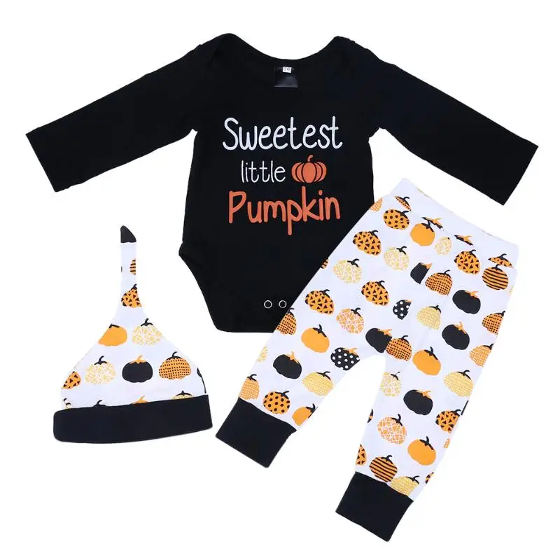 3pcs New Baby Halloween Letter Pumpkin Print Black Romper + Long Pants + Hat Outfit Set Soft Cotton Baby Halloween Costume
3pcs New Baby Halloween Letter Pumpkin Print Black Romper + Long Pants + Hat Outfit Set Soft Cotton Baby Halloween Costume