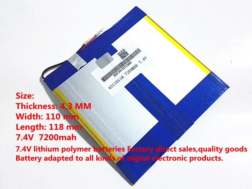 

7.4V,7200mAH,[43110118] PLIB ( polymer lithium ion battery ) Li-ion battery for tablet pc,mp4,cell phone,speaker, M3