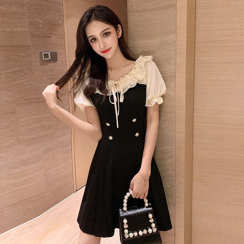 Fashion Simple Mini Black Dress Women Summer Patchwork Lace-up Buttons Vintage Dress Office Lady Korean Style Elegant Robe Femme
Fashion Simple Mini Black Dress Women Summer Patchwork Lace-up Buttons Vintage Dress Office Lady Korean Style Elegant Robe Femme