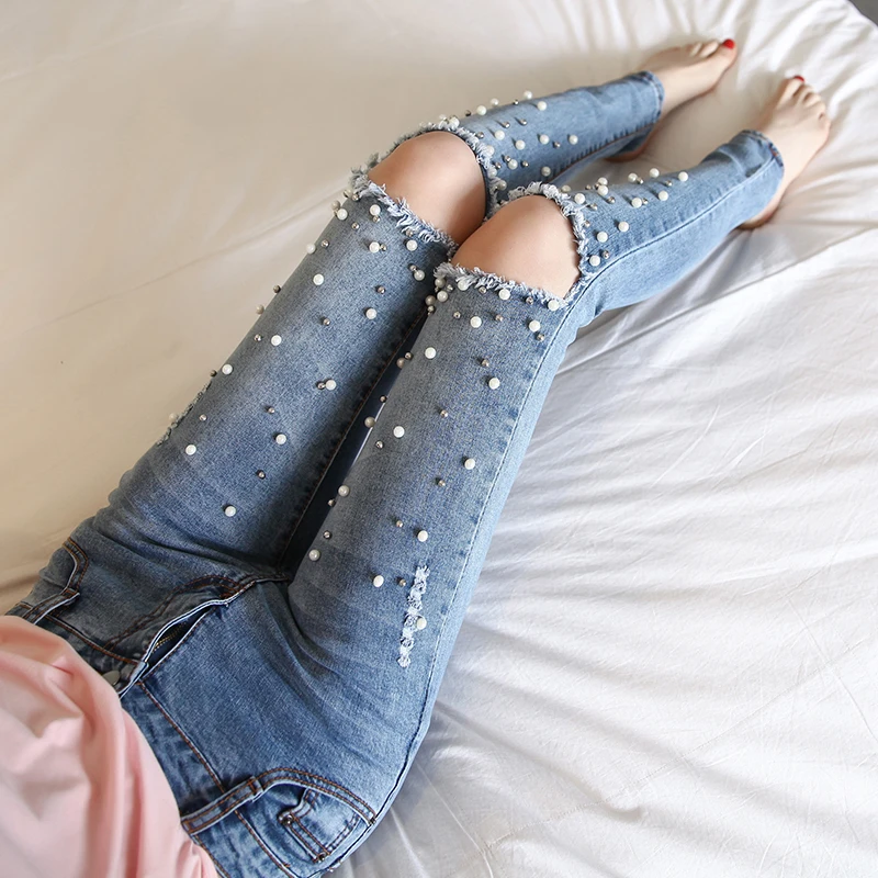 2019 Fashion Knee Hole Ripped Jeans Women Stretch Skinny Pencil Pants streetwear Embroidered Rivet Pearl Jeans Long Trousers
2019 Fashion Knee Hole Ripped Jeans Women Stretch Skinny Pencil Pants streetwear Embroidered Rivet Pearl Jeans Long Trousers
