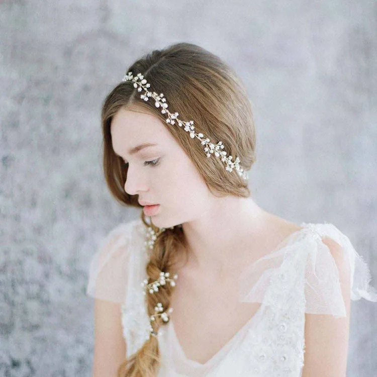 

SLBRIDAL New Arrival Wired Rhinestone Crystal Natural Pearls Flower Wedding Headband Bridal Hair Vine Headpiece Hair Accessories