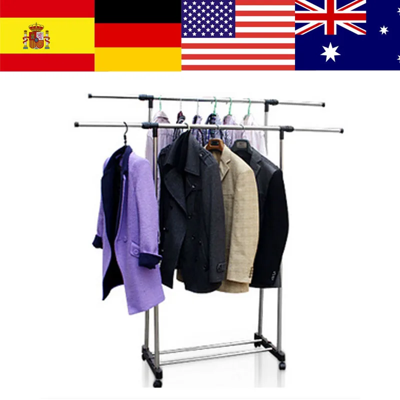 

Adjustable Double Garment Rack DIY Clothes Rack Clothes Hanger Movable Dryer Stand Rolling 4 Wheels Maximum Load 30 kg