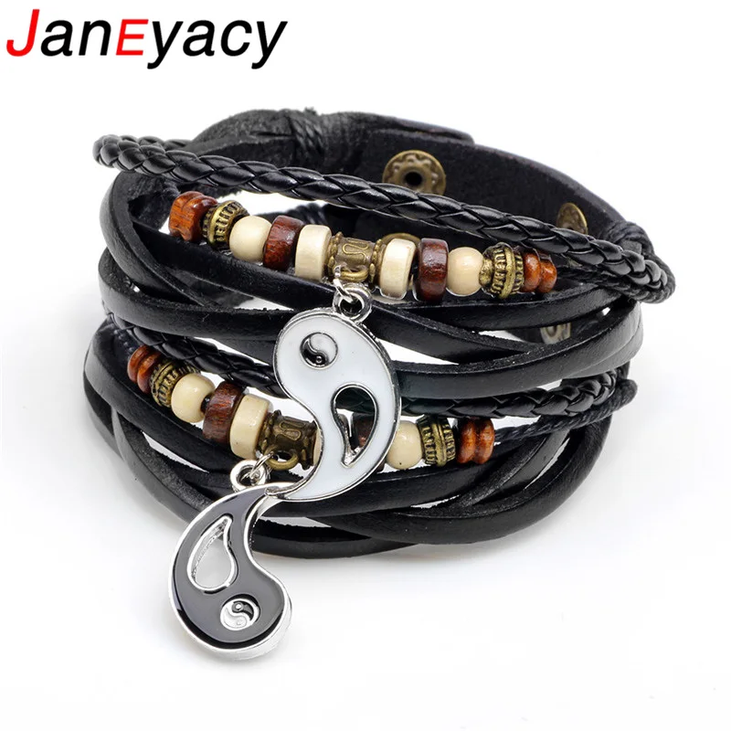 

Janeyacy Brand Bracelet Tai Chi Gossip Retro Leather Bracelet Men Pulseras Personality Handmade Beaded Couple Bracelet Women New