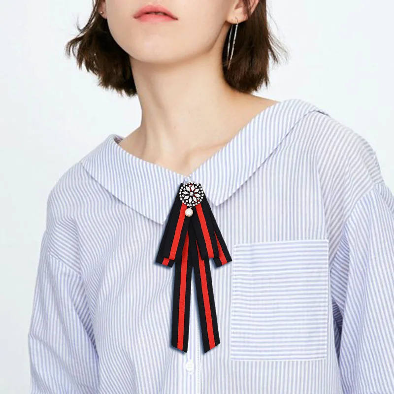 Stripe Fabric Brooch Women Blouse Elegant Fashion Jewelry Pin Crystal Rhinestone Flower Girls Clothing Accessory | Украшения и