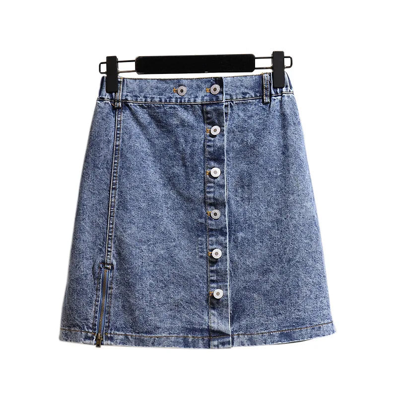 

2022 XXL-6XL Denim Skirt High Waist A-Line Mini Skirts Women Summer Elastic Waist Single Button Blue Jean Skirts G353