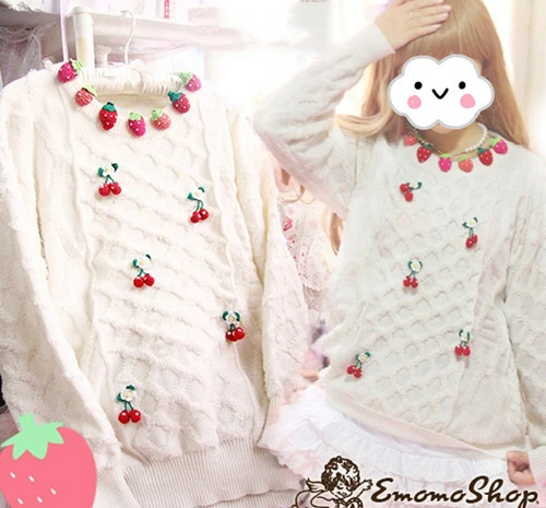 Japanese Women's Strawbery Collar Cherry Pendants Sweet Cotton Sweater Hand Knitted Long Sleeves Pullovers Color Milk White
Japanese Women's Strawbery Collar Cherry Pendants Sweet Cotton Sweater Hand Knitted Long Sleeves Pullovers Color Milk White