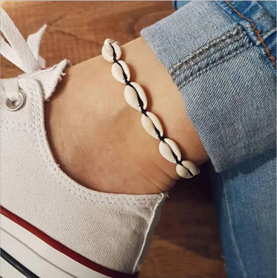 Seashell Anklet natural alloy material bead accessory with Beige and black string rope adjust size | Украшения и аксессуары