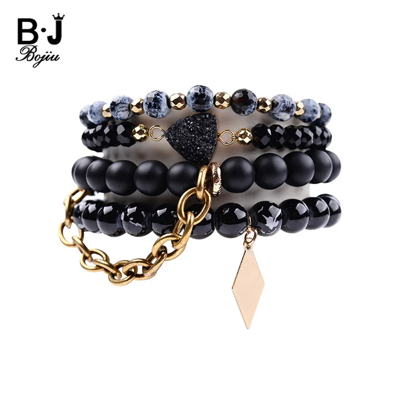 

BOJIU Black Heart Natural Druzy Bracelet For Women Ag. Stone Crystal Beaded Bracelets Set Fashion Charm Bracelet Femme BCSET101