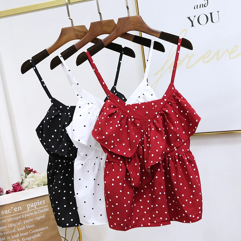 

2019 New Women Shirts Ruffles Polka Dot Spaghetti Strap Shoulder Brief Paragraph Doll Blouse Shirt White Red Black 1028