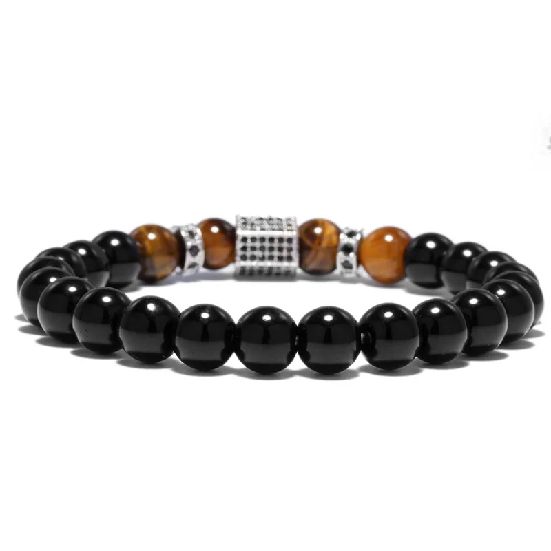 Bracelet à breloques pavé pour hommes, perles en pierre naturelle hexagonale CZ noires, bijoux 4